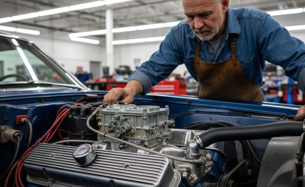 Mechanic working on a classic car engine