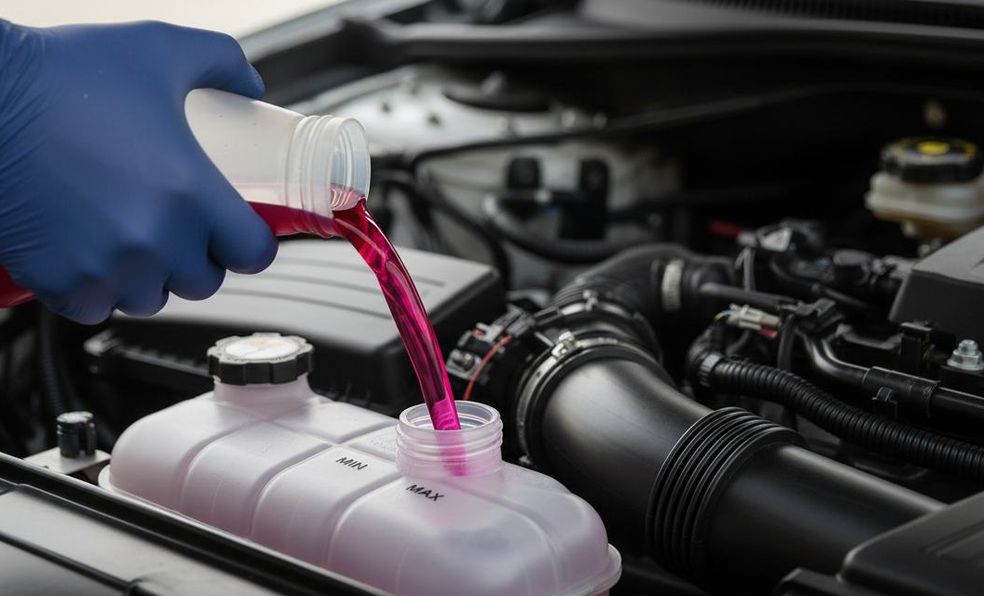 Pink coolant poured into a coolant reservoir