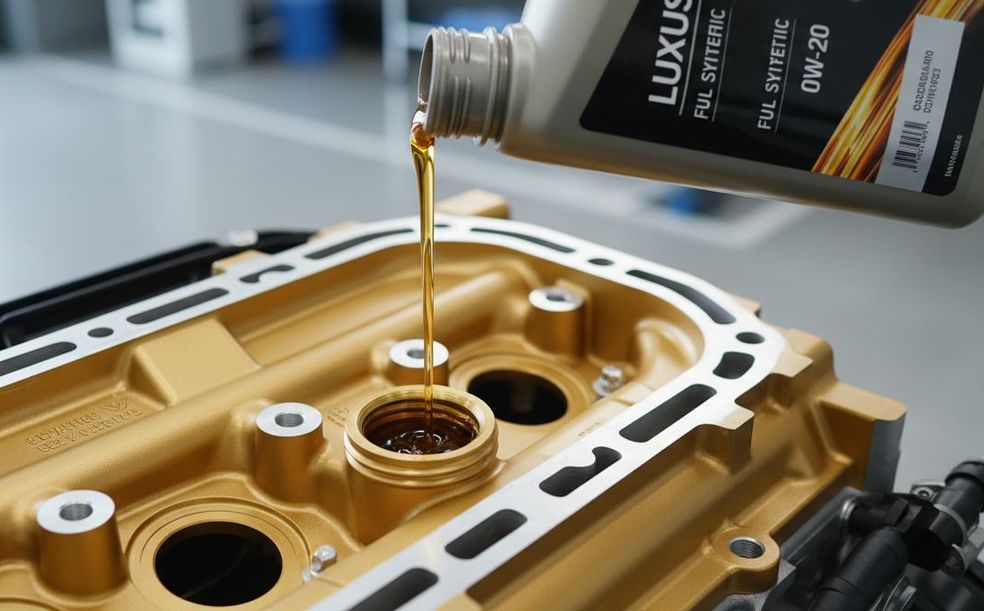 Golden synthetic oil poured into an engine