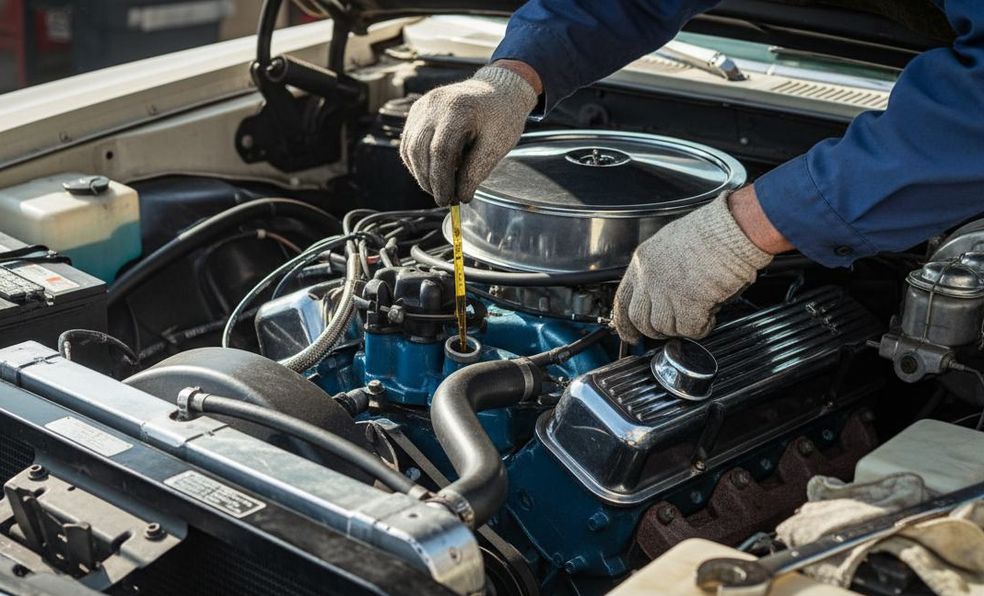 Technician checking the oil level of a classic V8 engine
