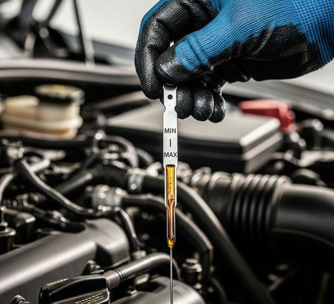 Gloved hand checking an oil dipstick