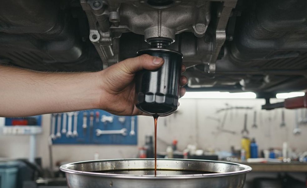 Used oil draining from an oil filter into a pan